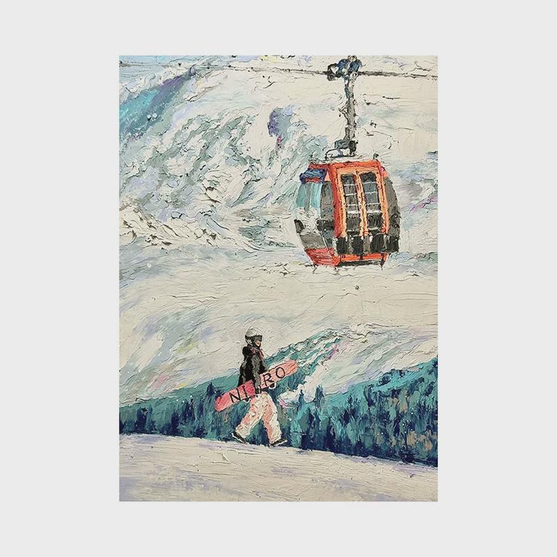 奶油风景滑雪运动纯手绘油画客厅挂画雪山风厚肌理创意玄关装饰画