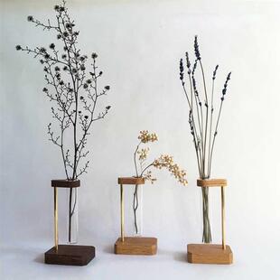 批发创意日式装饰玻璃水培插花瓶茶室客厅小清新木艺摆件插花器