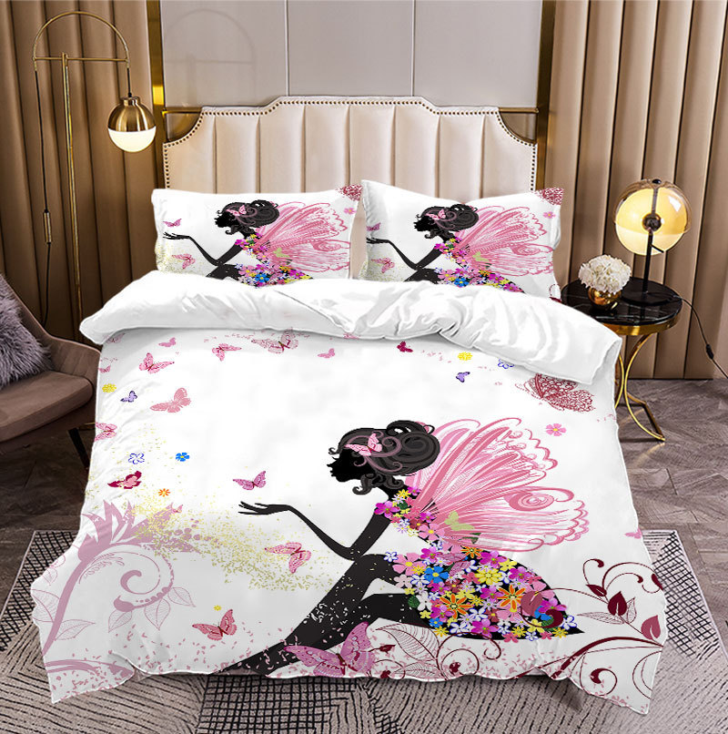 蝴蝶花朵女孩家纺四件套三件套被套数码印花3d床单加工工厂