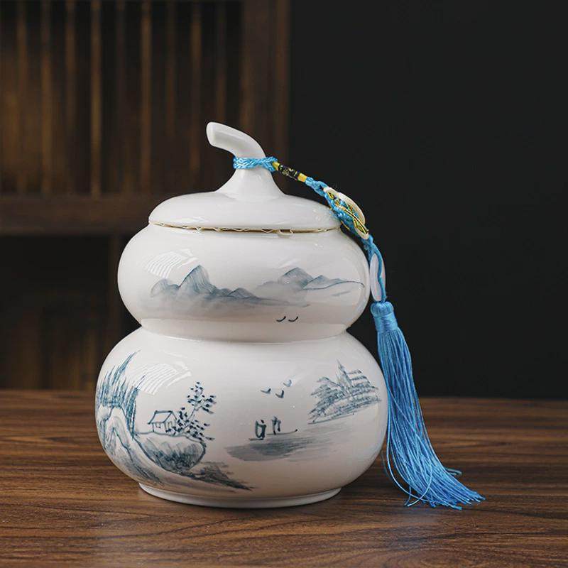 手绘白瓷茶叶罐陶瓷葫芦罐大号密封普洱醒茶罐中式一斤装储存防潮