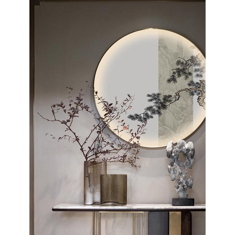 a5lled灯光画玄关装饰画带灯中式过道挂画走廊竹子轻奢进门圆形壁