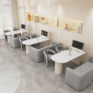 休息区风美容院接待桌椅影楼选片区婚纱店洽谈桌培训机构沙发奶油