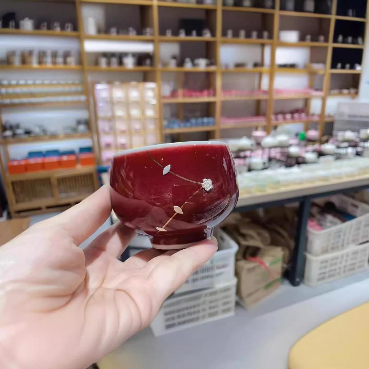 华韵堂郎红锔钉红釉个人单杯宫廷风红色陶瓷茶具品茗杯茶杯主人杯