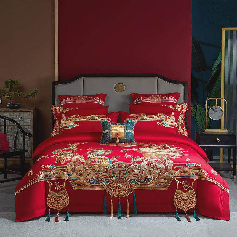 高端160s长绒棉绣花婚庆四件套全棉贡缎结婚床上用品大红六件套,床上用品,婚庆床品套件,淘宝优惠券,粉丝福利购,淘宝优惠卷