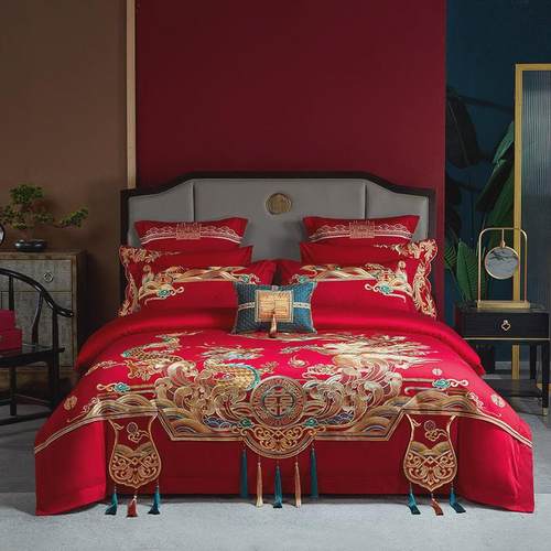 长绒棉160s高端绣花婚庆四件套全棉贡缎结婚大红床上用品六件套