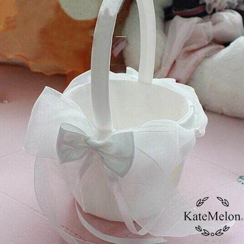 唯美米白欧根纱花结花篮婚礼洒婚庆用品花童篮手工布艺西式花瓣