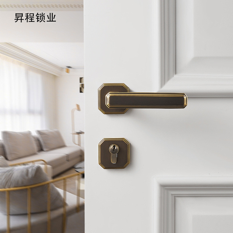 黄铜中式门锁全铜美式静音磁吸卧室内实木门把手锁具别墅大门批发