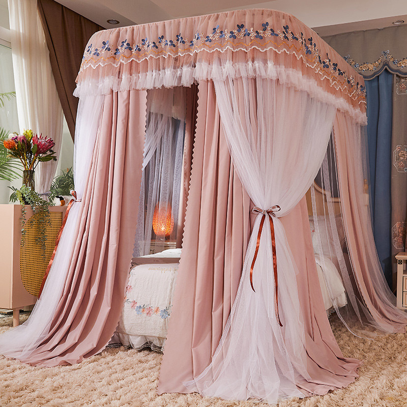 51n新款u型导轨蚊帐防尘双层门三开落地公主风遮光家用加粗加密