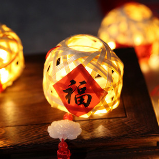复古风手编小竹篓竹编小灯笼儿童手提花灯发光福字喜字宫灯中秋节
