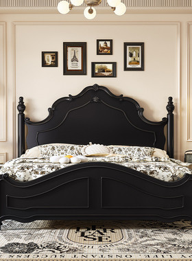 中古风复古实木床现代简约主卧黑色美式床高箱储物法式白色婚床
