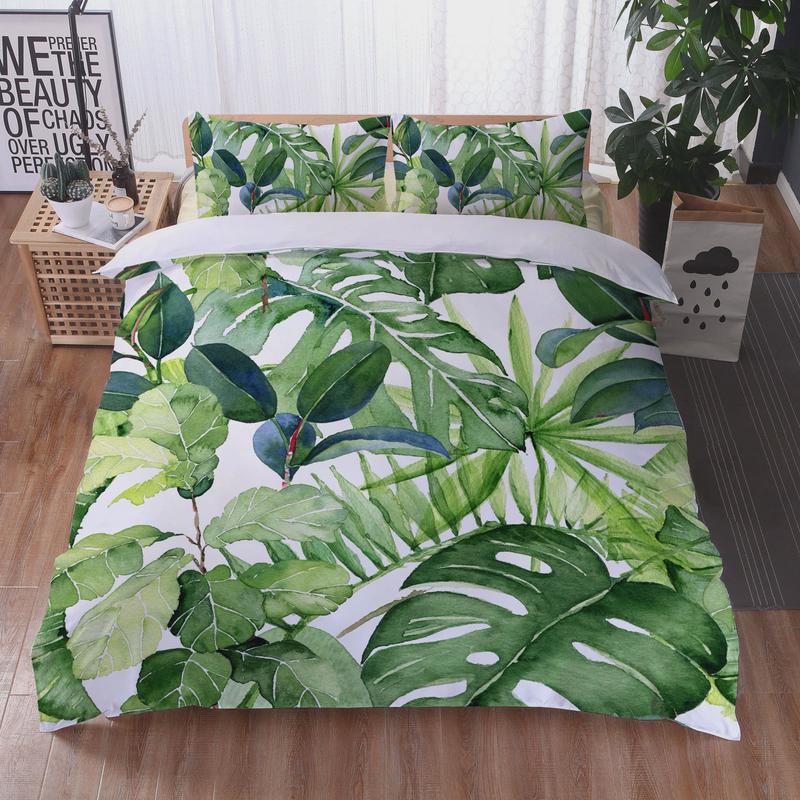 厂家直供花卉棕榈三件套龟背叶被套枕套3d数码印花叶来图定制