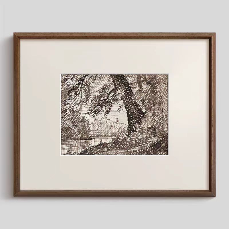树》黑白素描装饰画法式复古中古风客厅壁画玄关走廊书房实木挂画图片