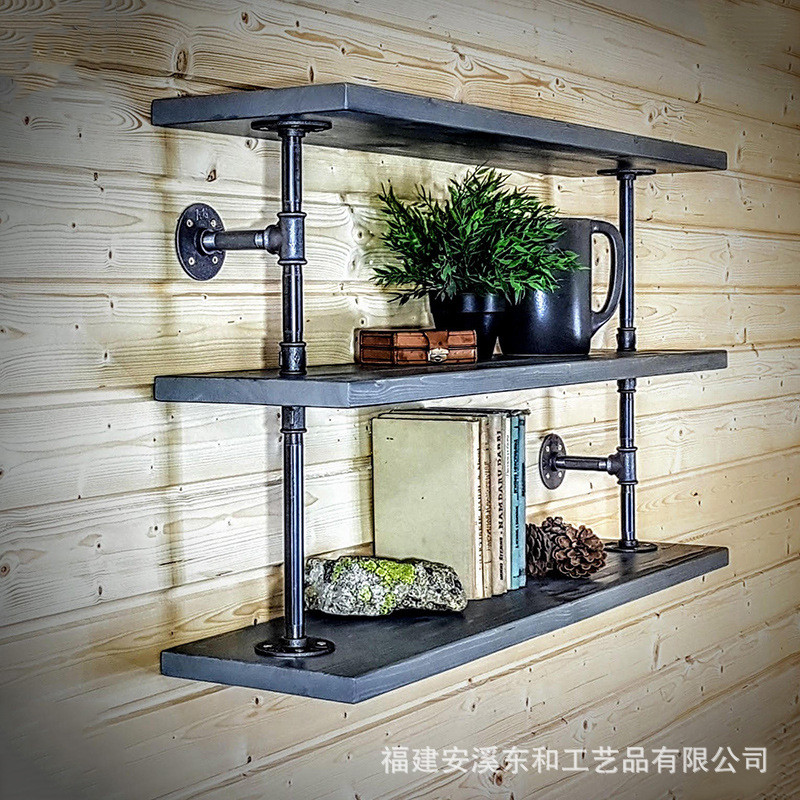 LOFT复古工业风墙上隔板置物架创意一字实木搁板水管装饰酒吧架