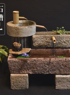 老石槽流水摆件户外庭院石缸景观槽石头鱼缸花盆猪旧阳台水景组合