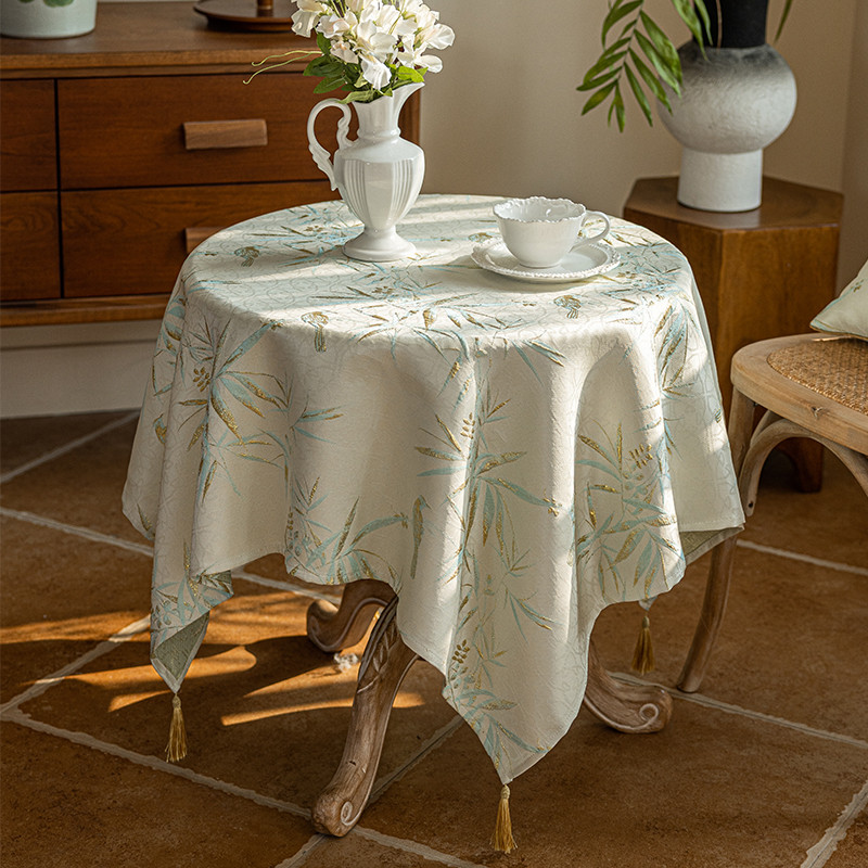 圆桌桌布新中式竹子立体提花高级感餐桌布中国风刺绣圆形茶几台布