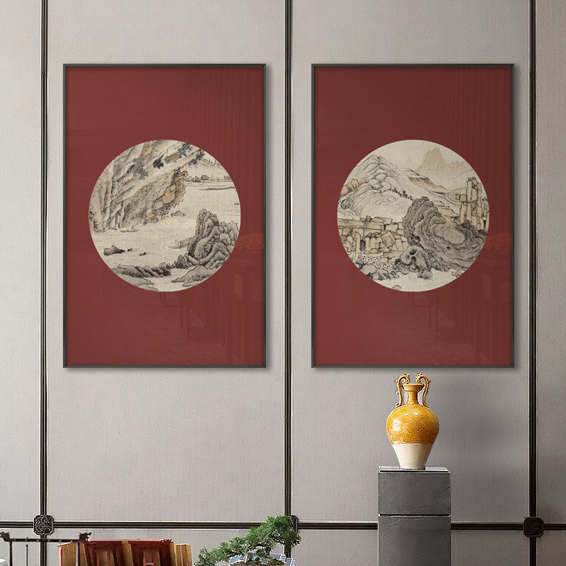 新中式玄关装饰画软装样板房酒店别墅民宿售楼处多联红色挂画