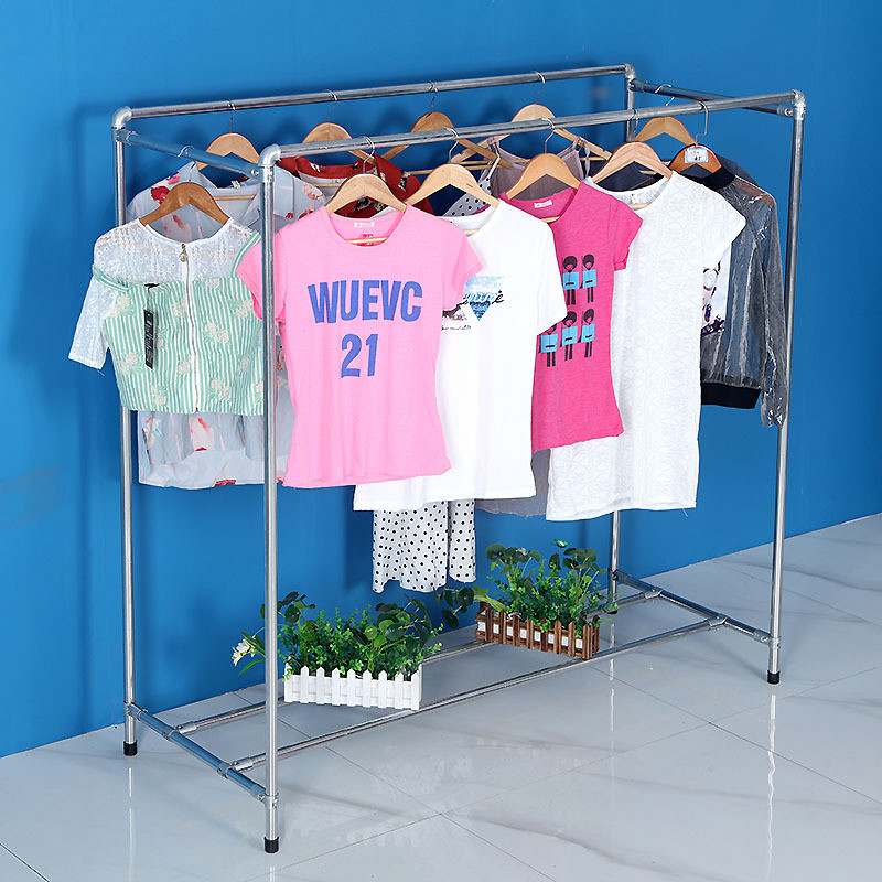 a947镀锌钢管落地简易晾衣架服装展示架双杆水管晒被家用阳台挂衣