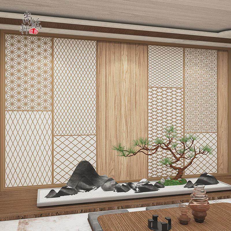 日式原木背景墙纸复古榻榻米花纹寿司店餐厅和风壁纸墙布网红拍照