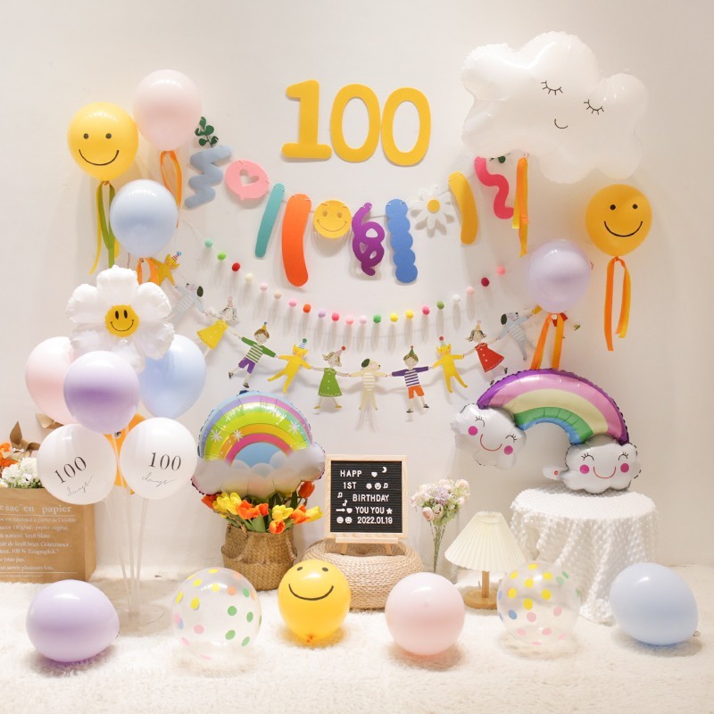 宝宝生日装饰百天百日宴网红1周岁100天气球家里场景布置背景墙女