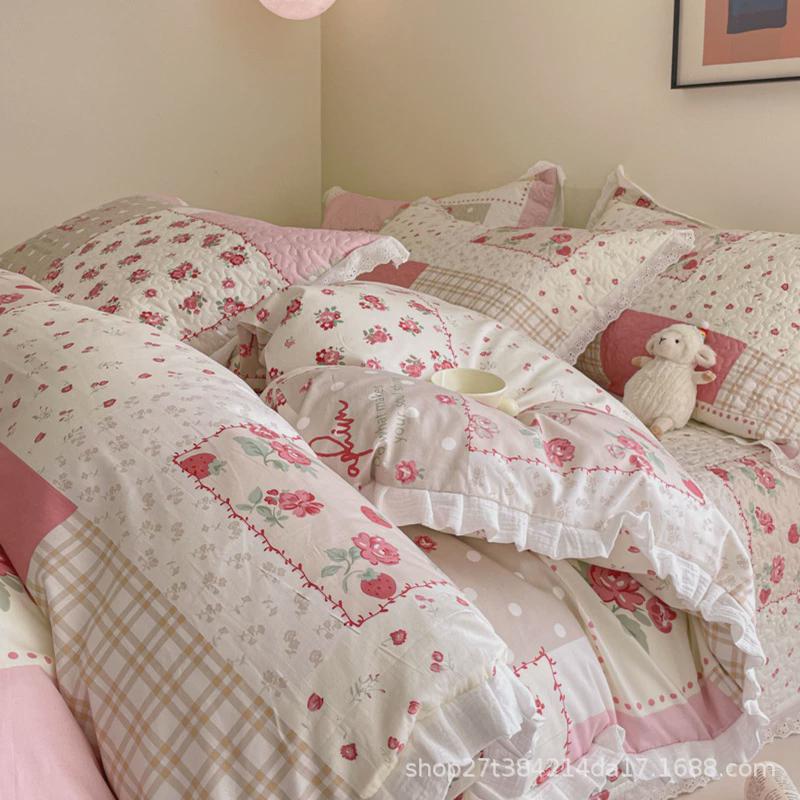 2023抖音缝款韩系全棉床盖三件套复古法式绗爆夹棉防滑床单