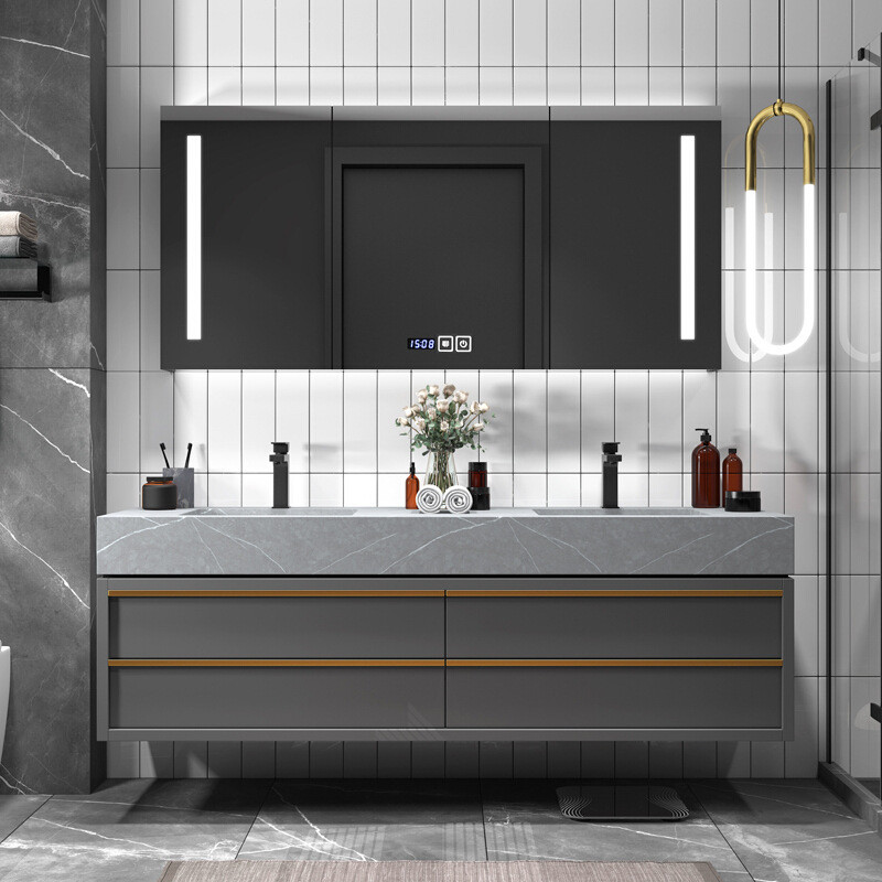 岩板实木双盆浴室柜组合轻奢现代简约智能镜洗手台盆卫生间洗漱台