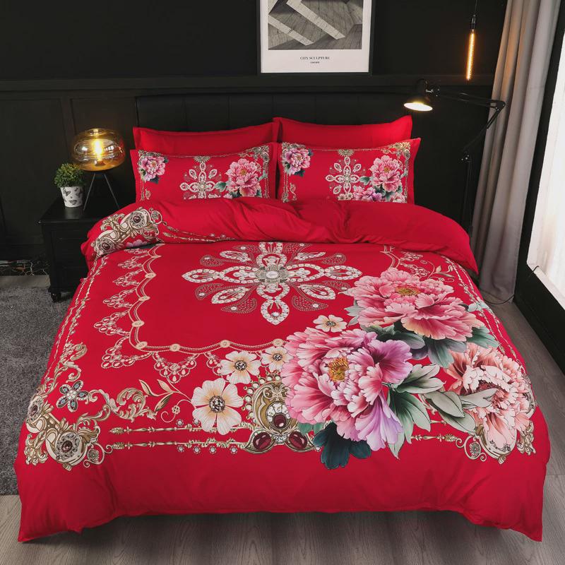 红色婚庆大版花床上四件套水洗磨毛新款结婚陪嫁床单被套大4件套