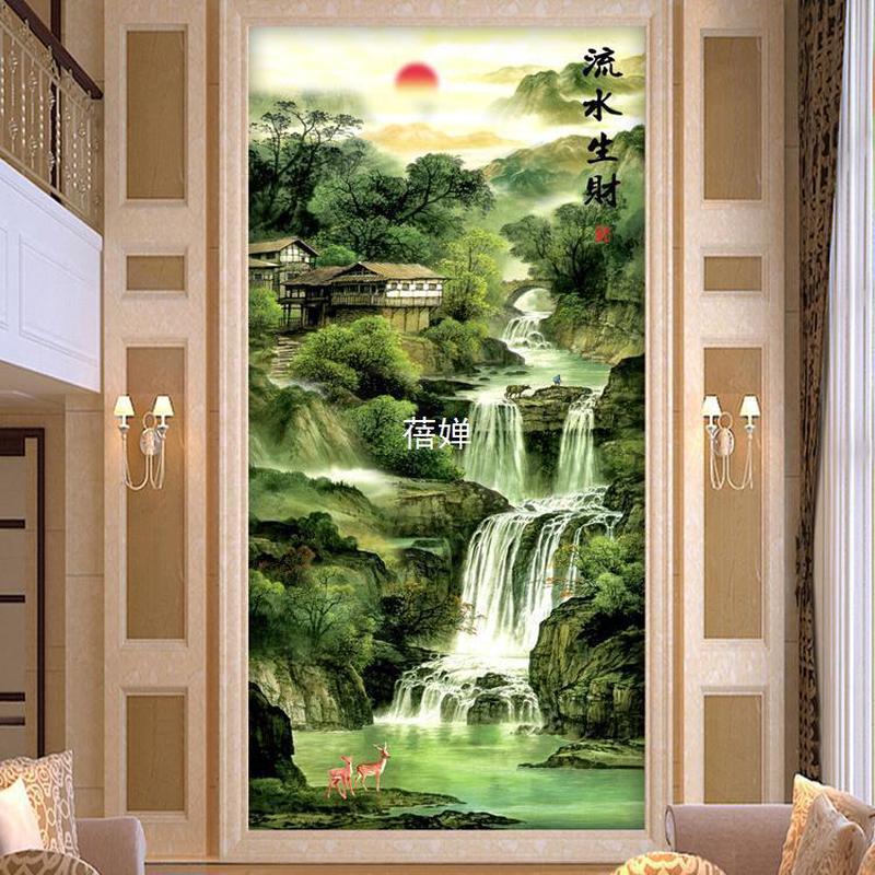 C犕13D中式流水生财山水风景玄关墙纸走廊过道竖版壁纸壁画迎客松