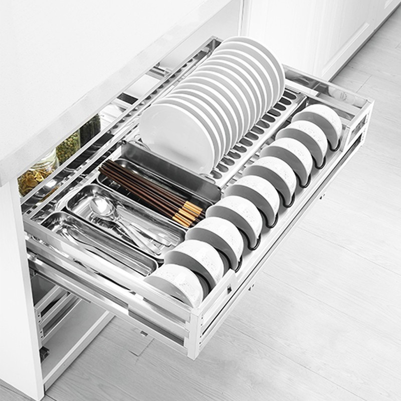 拉篮厨房橱柜双层抽屉式碗架碗柜201不锈钢碗碟阻尼碗篮篮
