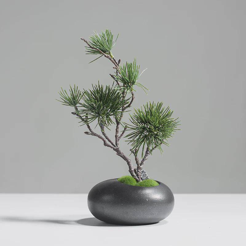 中式仿真迎客松小盆景摆件套装陶瓷花瓶植物客厅桌面装饰假花松树