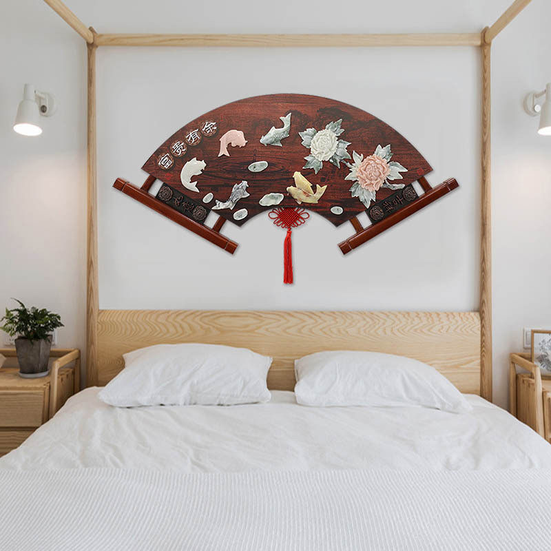中式实木扇形客厅装饰画餐厅挂画走廊玄关玉雕画立体浮雕壁画大气