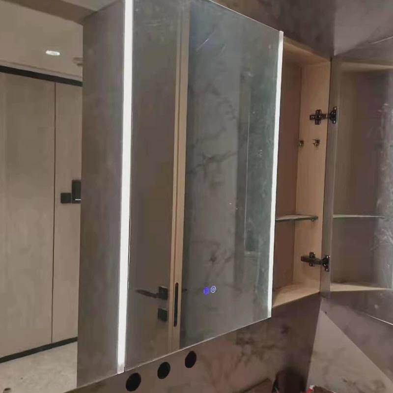 智能防雾实木浴室镜柜挂墙式带置物架亚克力柜卫生间镜子带灯灯罩