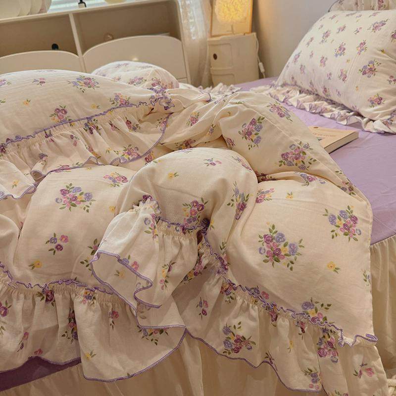 田园淡雅小碎花双层纱床裙床上四件套全棉1.5m1.8米被套三件床单,床上用品,床品套件/四件套/多件套,淘宝优惠券,粉丝福利购,淘宝优惠卷