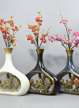 假花喜鹊镂空花瓶喜上眉梢手绘树脂花插玄关客厅新中式装饰摆件