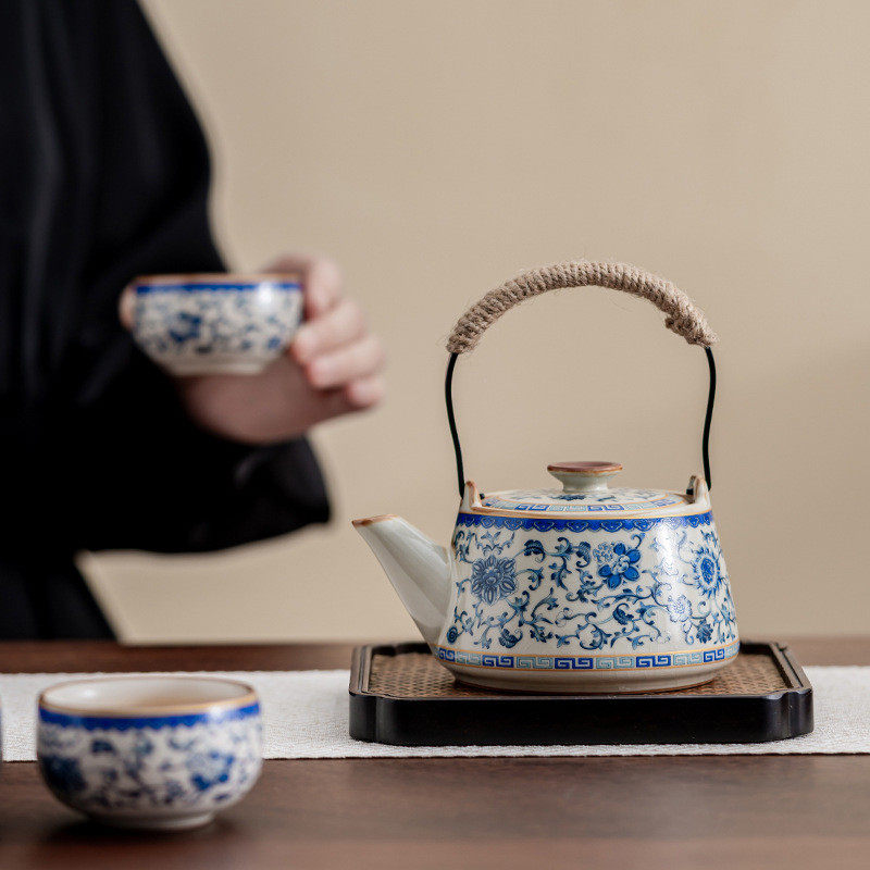 青花米黄汝窑提梁茶壶家用高档单个泡茶器复古满花缠枝莲功夫茶具