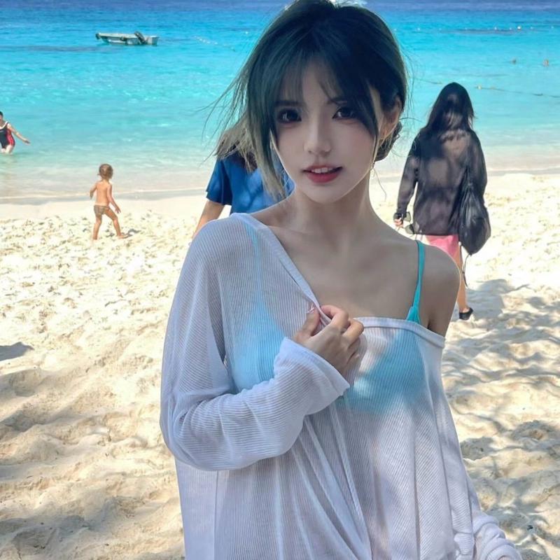 白色长袖罩衫百搭宽松防晒瘦少女网纱新款沙滩度假保守