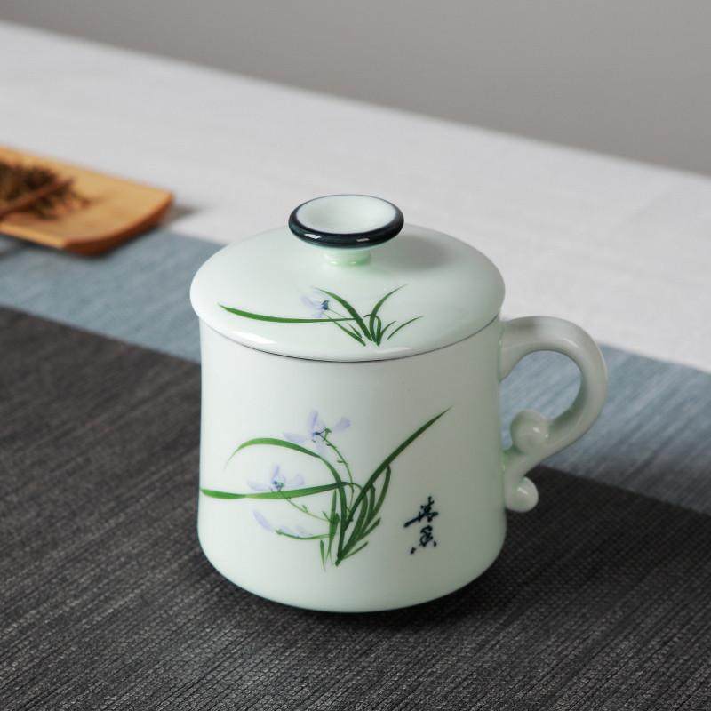 新品青釉手绘兰花过滤茶杯带盖子水杯中式陶瓷带过滤水杯长辈礼品,餐饮具,玻璃杯,淘宝优惠券,粉丝福利购,淘宝优惠卷