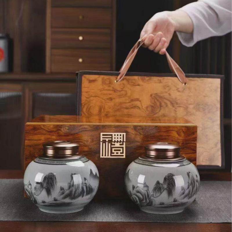 复古陶瓷茶叶罐子小罐高档木盒哥窑陶金骏眉普洱瓷罐节假日伴手礼