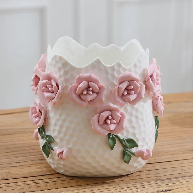 可水养百合玫瑰花大口陶瓷花瓶三件套欧式客厅插花家居装饰品摆件