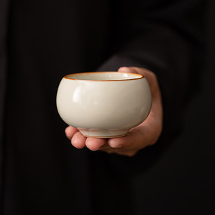 米黄汝窑茶杯家用功夫茶具简约主人杯聚香茶杯单杯个人高档品茗杯