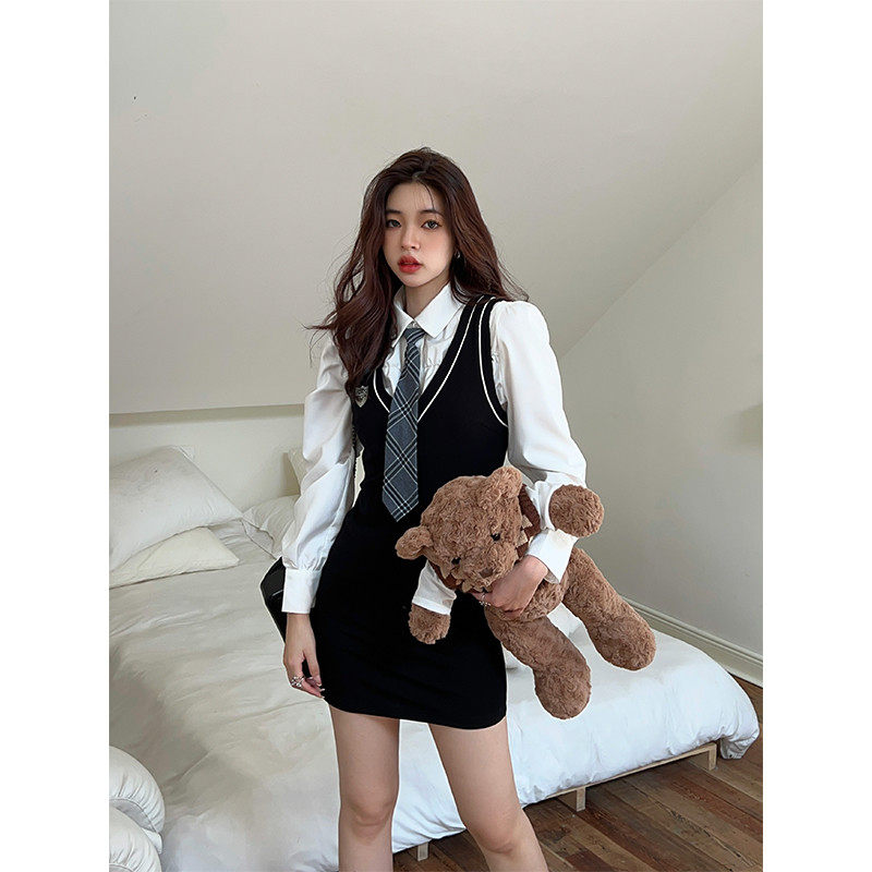 Adan 学院风套装裙春夏韩版显瘦马甲裙百搭短款泡泡袖衬衫女