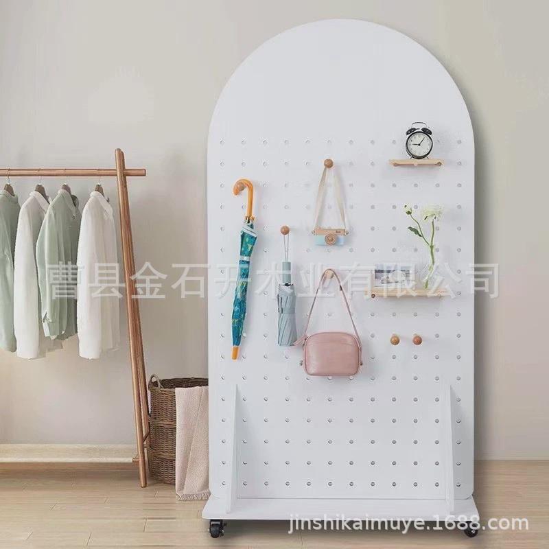 扇形木屏风客厅玄关装饰隔断洞洞板木制可折叠立式半圆展示落地架