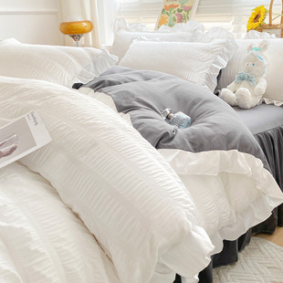 ins韩式公主风紫色床裙床单四件套被套花边纯色少女心床上三件套