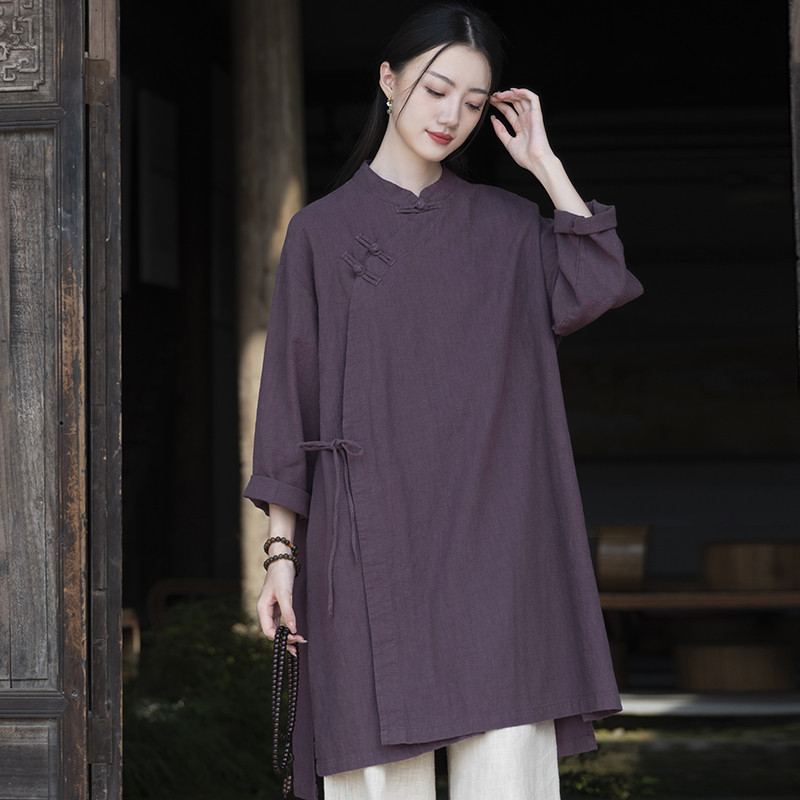 新中式春季新款中国风中长款盘扣斜襟系绳茶禅服