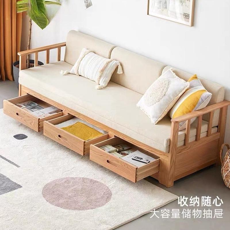 全实木沙发红橡木伸缩两用沙发床小户型家具客厅三抽储物折叠沙发