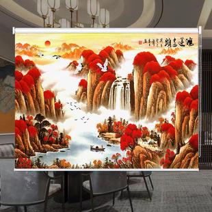 山水画遮光办公室客厅卧室背景手拉式 可现做卷帘中式 窗帘遮阳