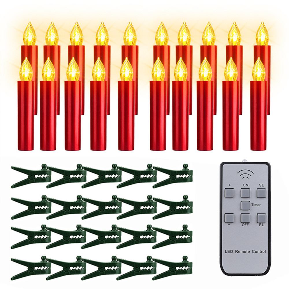 定时电子蜡烛灯红色外壳带夹子led圣诞树装饰7键遥控杆蜡