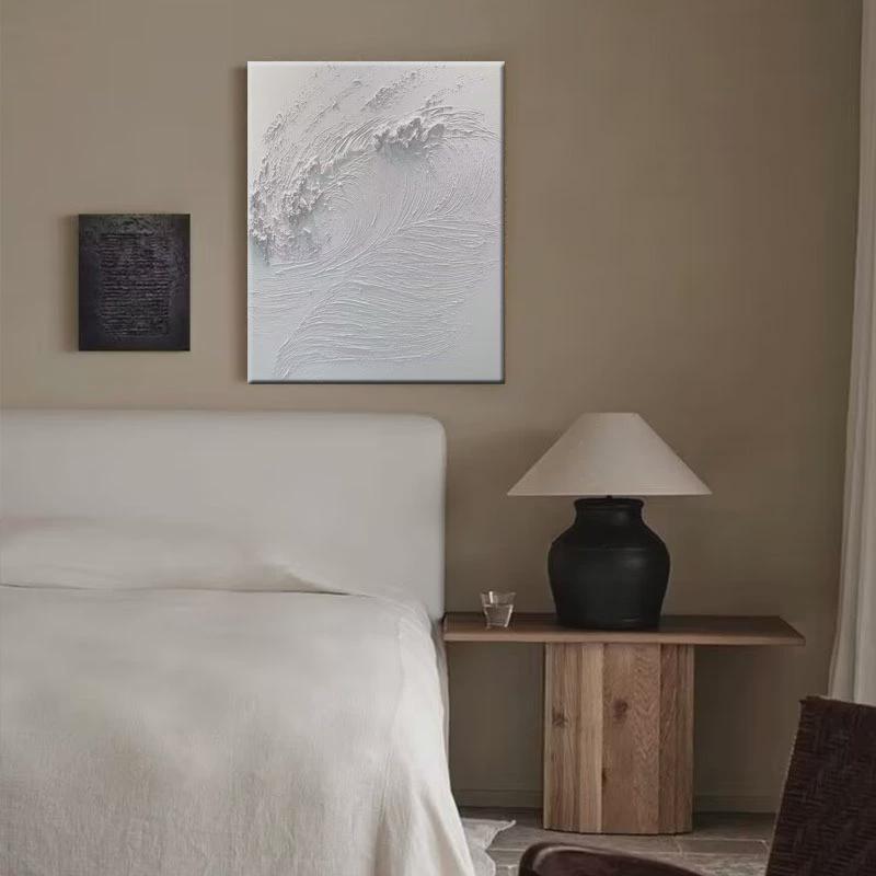 客厅手绘油画纯白色立体装饰画丙烯石英砂肌理法式海浪玄关走廊画图片