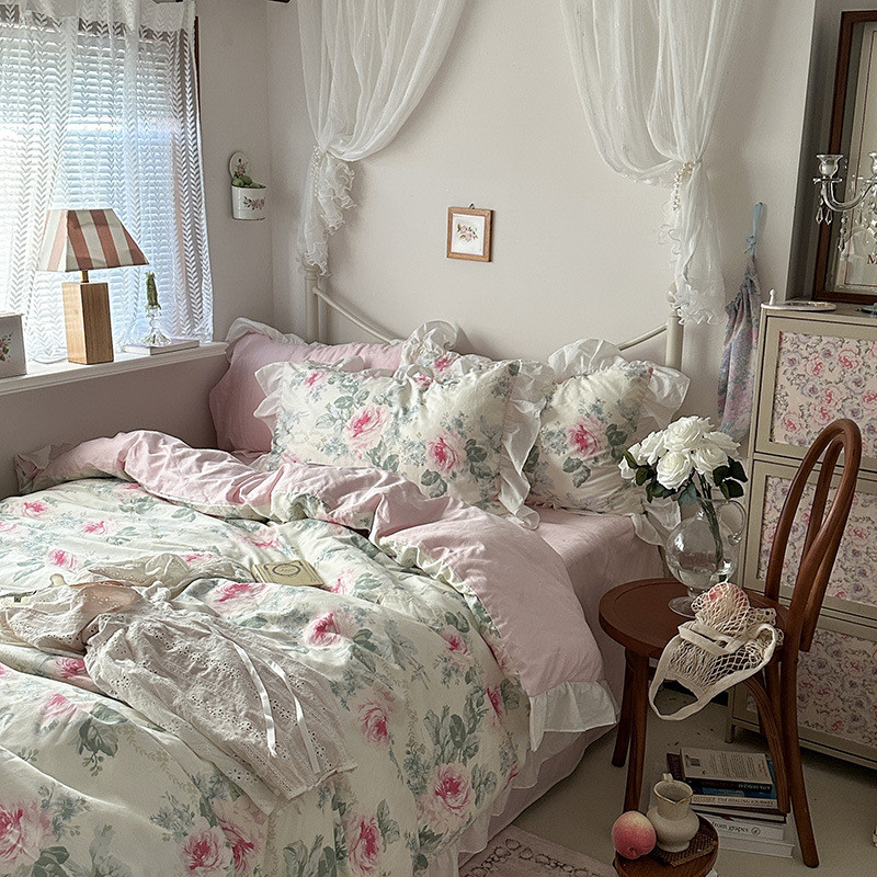 ins批发少女心法式浪漫小碎花棉四件套公主风复古花边棉4件套