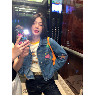 落落狷介女春秋款2024新款刺绣牛仔小个子短款牛仔服百搭