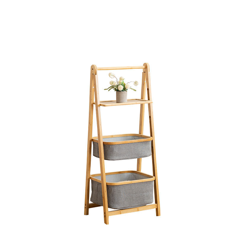 现代简约家居楠竹布艺置物架双层分类收纳架浴室脏衣篮落地脏衣篓